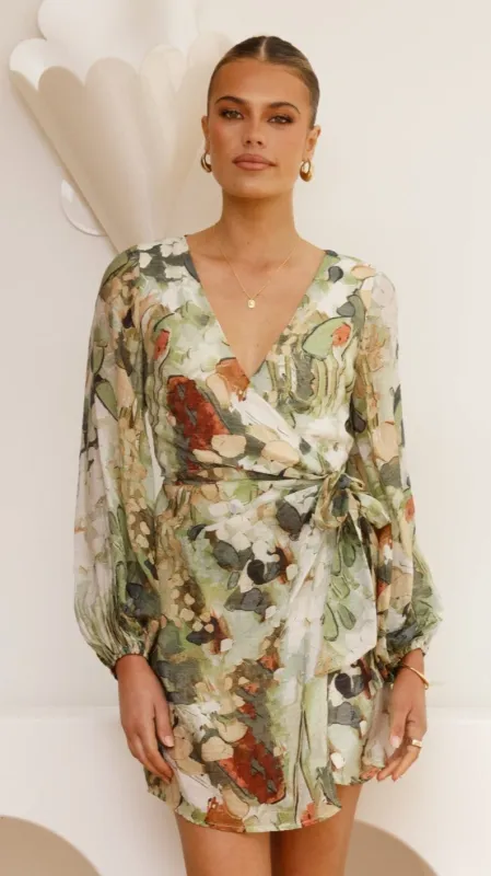 Jemma Long Sleeve Mini Dress - Green Abstract sold by Billy J