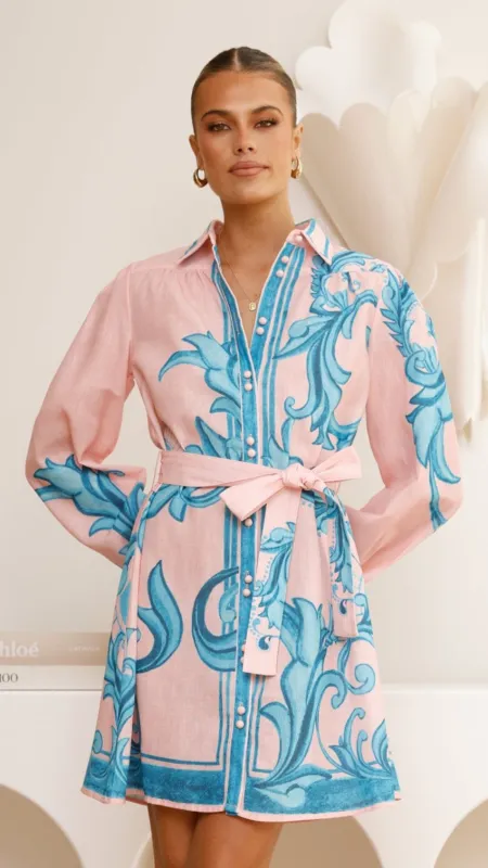 Lucia Long Sleeve Mini Dress - Aqua/Pink Print sold by Billy J
