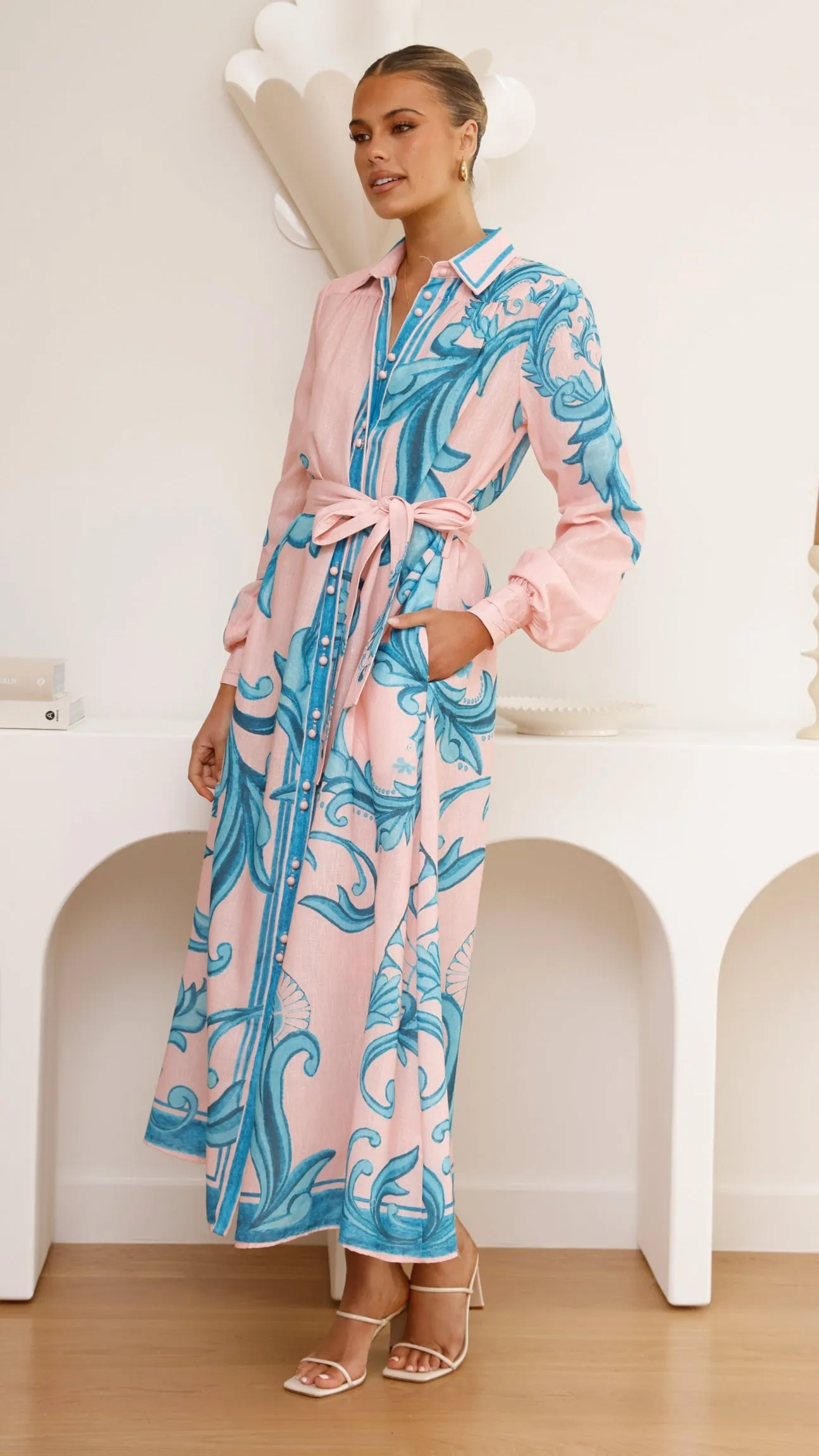 Lucia Long Sleeve Maxi Dress - Aqua/Pink Print sold by Billy J product image thumbnail 3