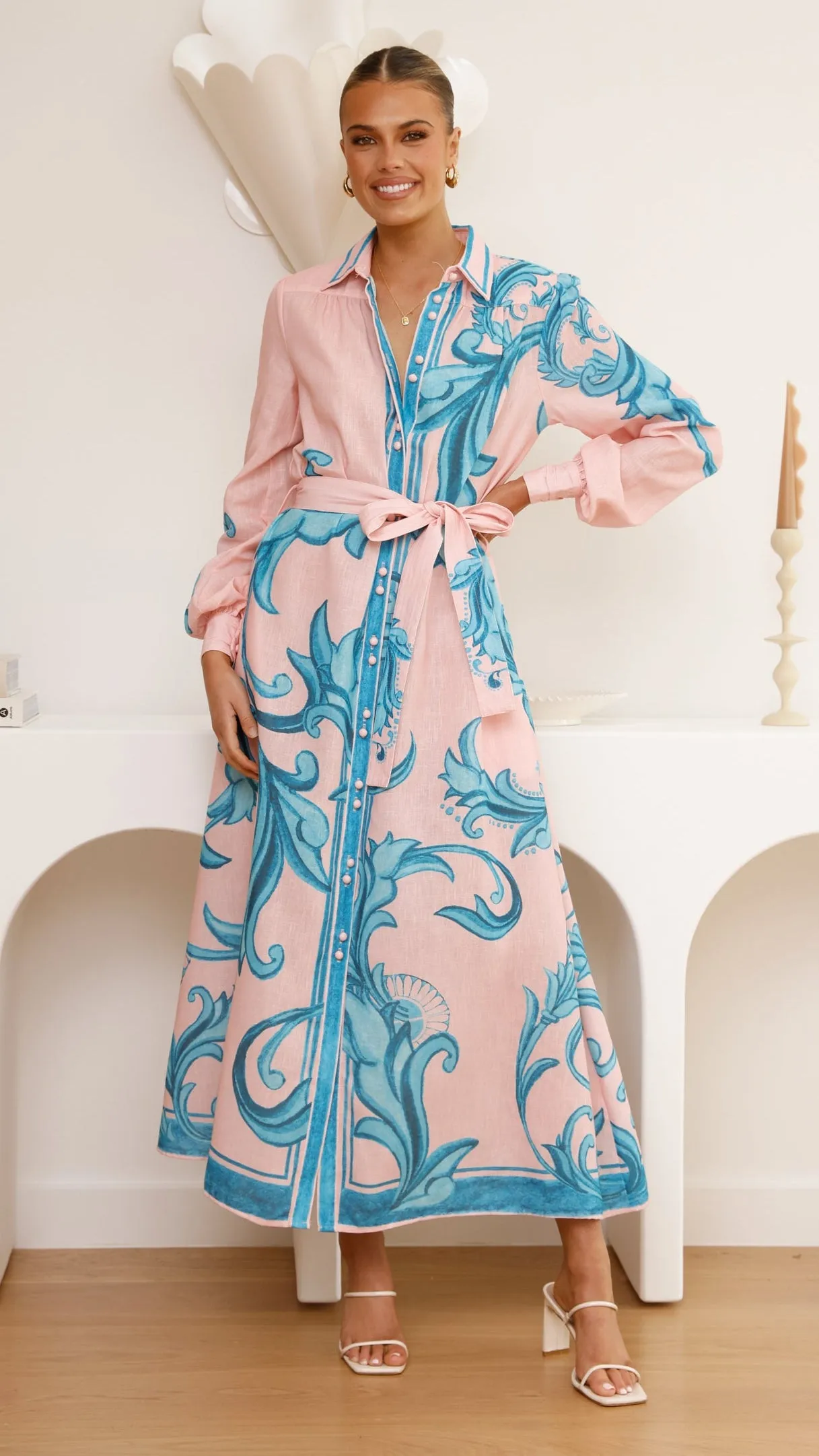 Lucia Long Sleeve Maxi Dress - Aqua/Pink Print sold by Billy J
