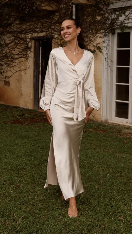 Ivy Long Sleeve Tie Front Maxi Dress - Champagne sold by Billy J