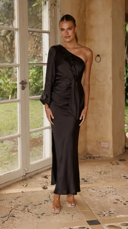 Eden One Shoulder Tie Front Maxi Dress - Black sold by Billy J