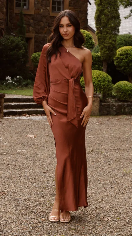 Eden One Shoulder Tie Front Maxi Dress - Rust sold by Billy J