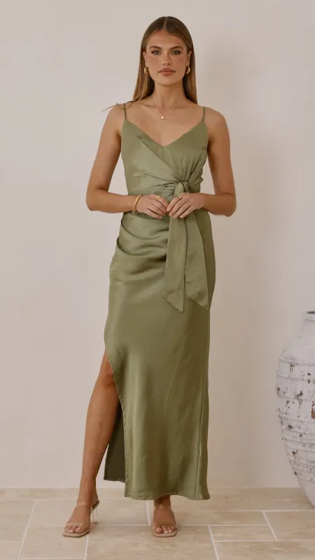 Yasmeen Tie Front Maxi Dress - Olive sold by Billy J