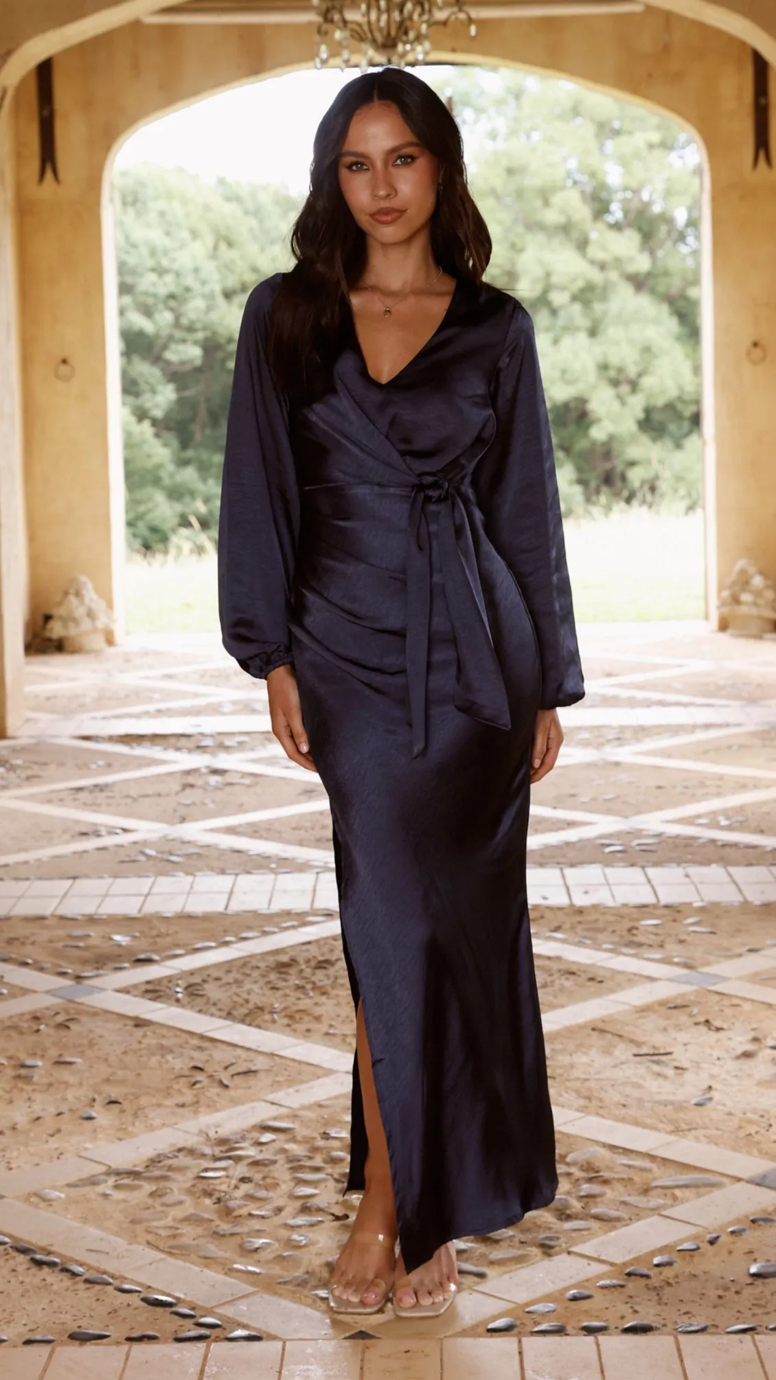 Ivy Long Sleeve Tie Front Maxi Dress - Navy sold by Billy J
