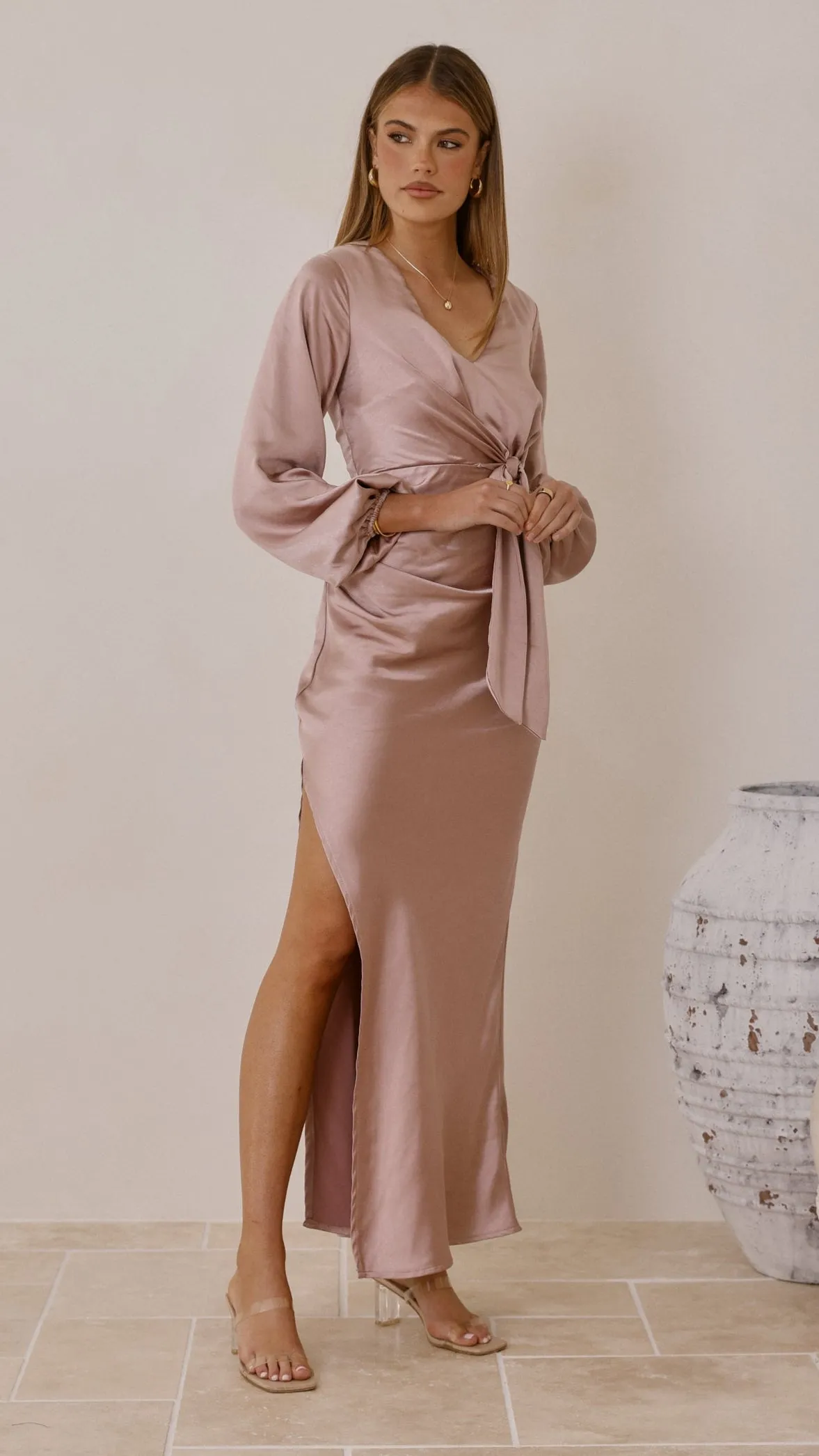 Ivy Long Sleeve Tie Front Maxi Dress - Dusty Pink sold by Billy J product image thumbnail 5