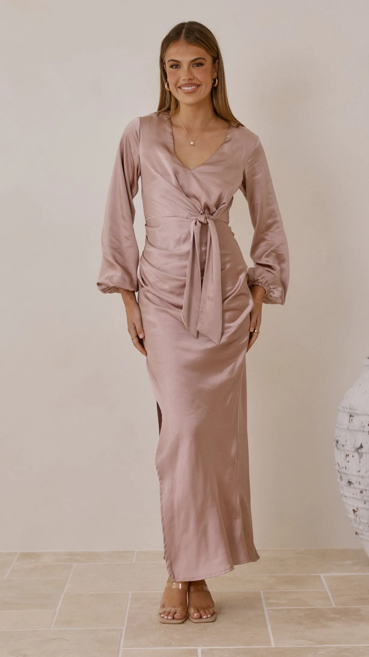 Ivy Long Sleeve Tie Front Maxi Dress - Dusty Pink sold by Billy J