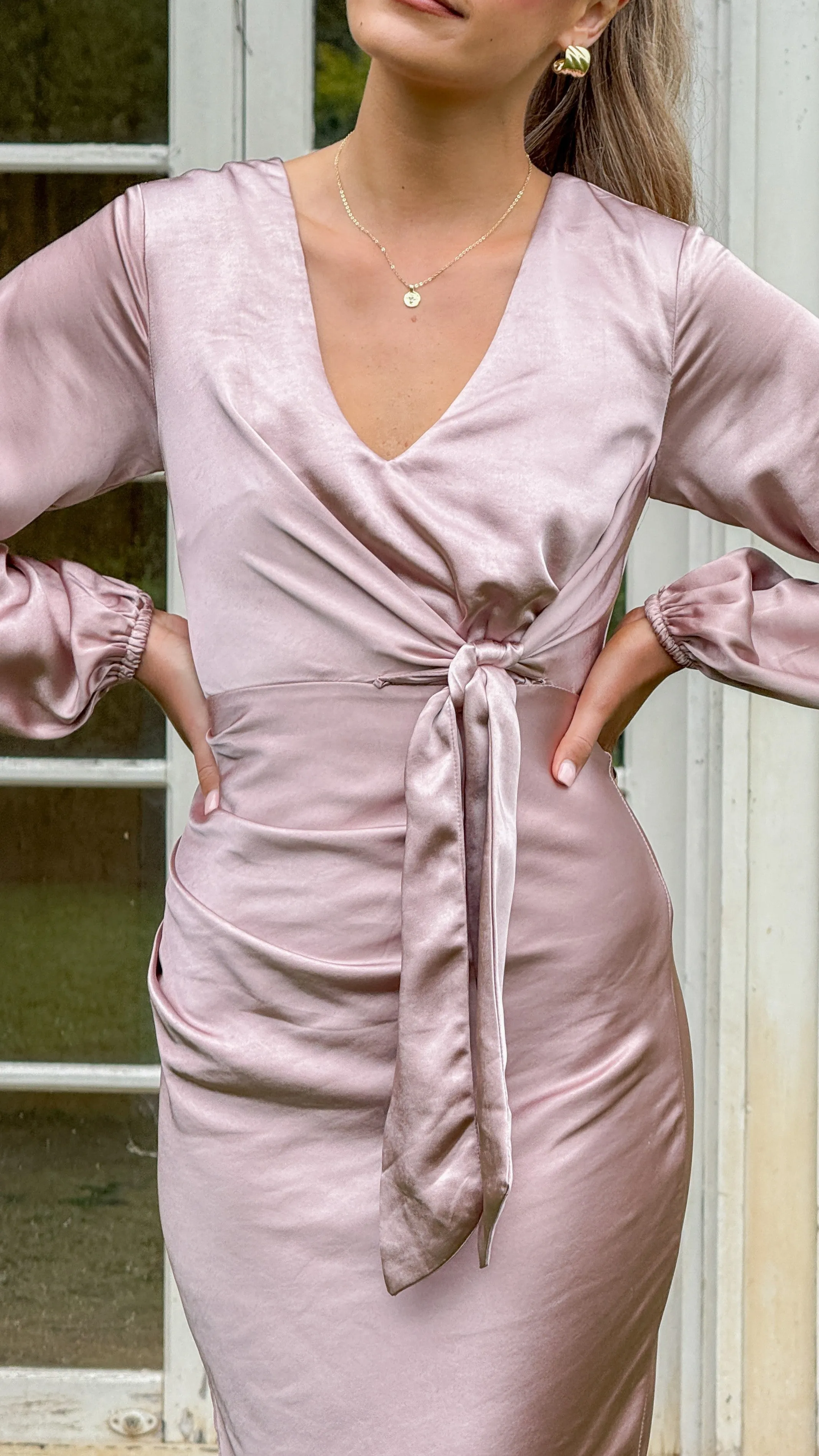 Ivy Long Sleeve Tie Front Maxi Dress - Dusty Pink sold by Billy J product image thumbnail 4