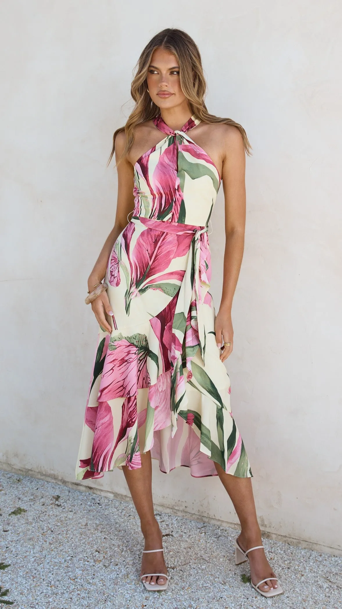 Alma Midi Dress - Lemon/Pink Floral sold by Billy J