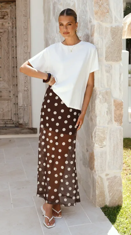 Onella Semi Sheer Maxi Skirt - Chocolate / White Polka Dot sold by Billy J
