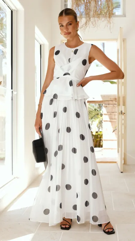 Cambree Peplum Top and Maxi Skirt Set - White / Black Polka Dot sold by Billy J