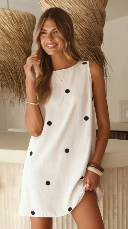 Natala Shift Mini Dress - Oat/Black Polka Dot sold by Billy J