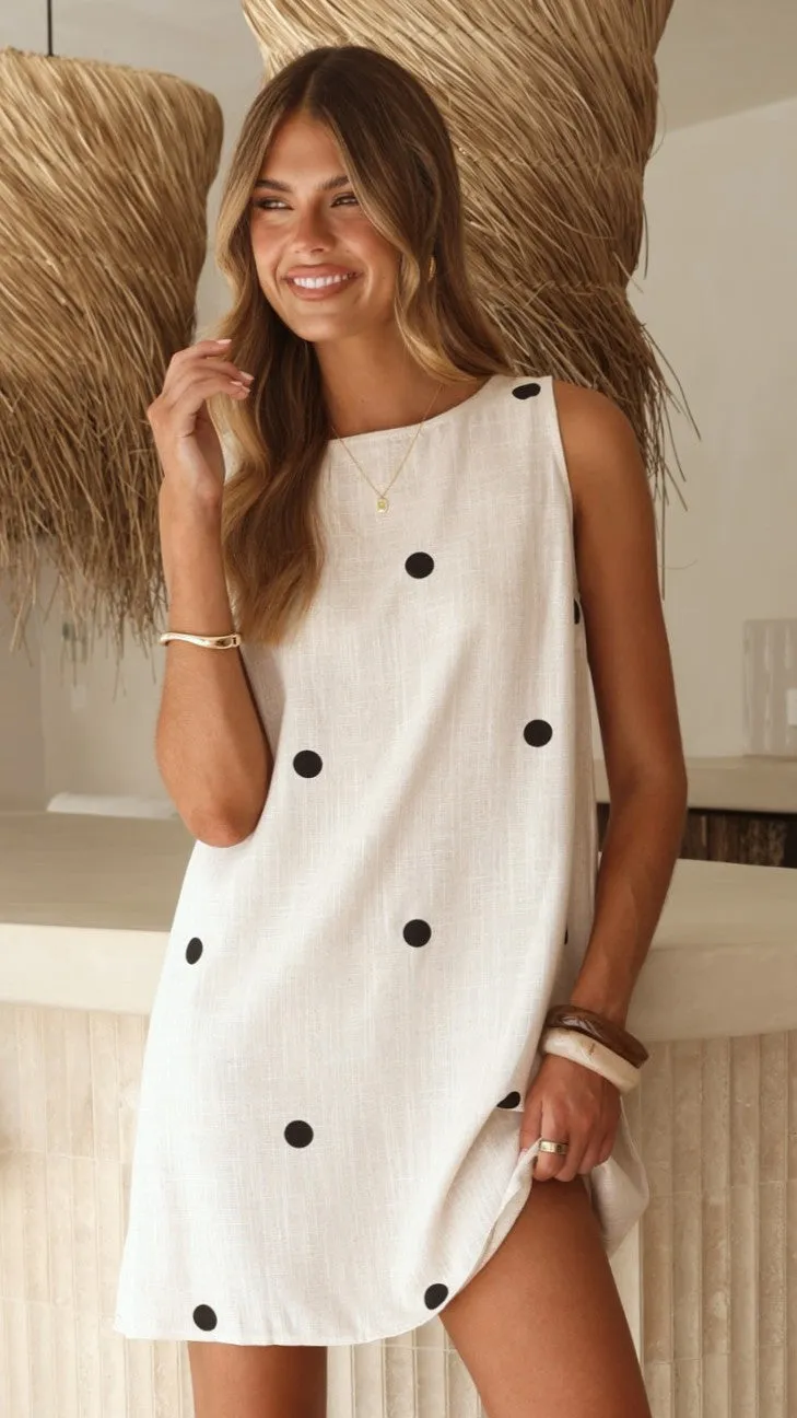Natala Shift Mini Dress - Oat/Black Polka Dot sold by Billy J