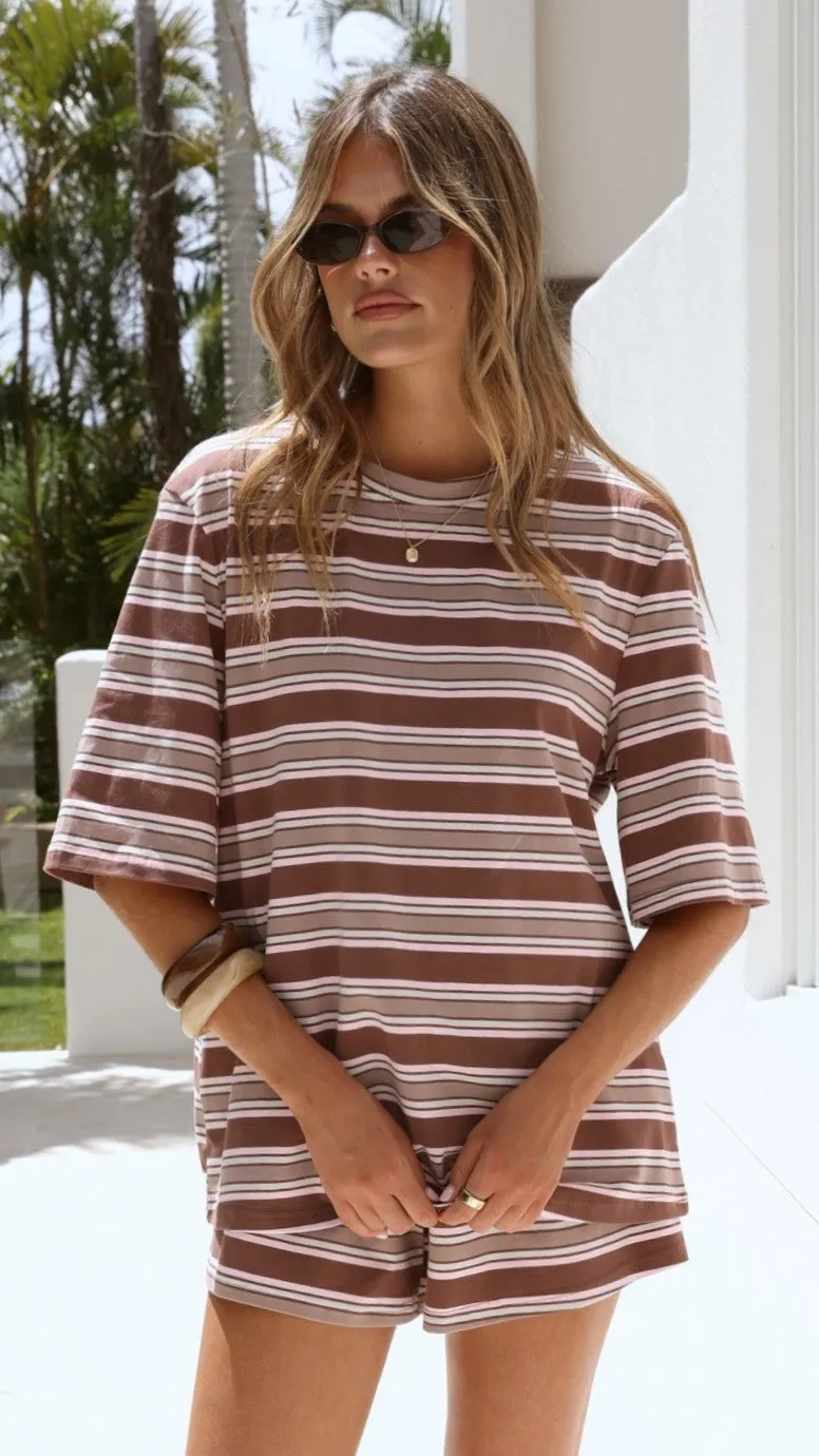 Stevie Crew Neck Tee - Chocolate / Beige Stripe sold by Billy J