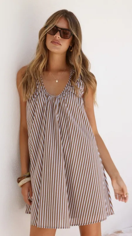 Alaya Mini Dress - Brown/Blue Stripe sold by Billy J
