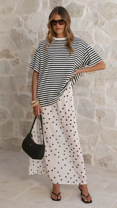 Elisha T-Shirt and Sheer Maxi Skirt Set - Black / White Stripe and Polka Dot sold by Billy J