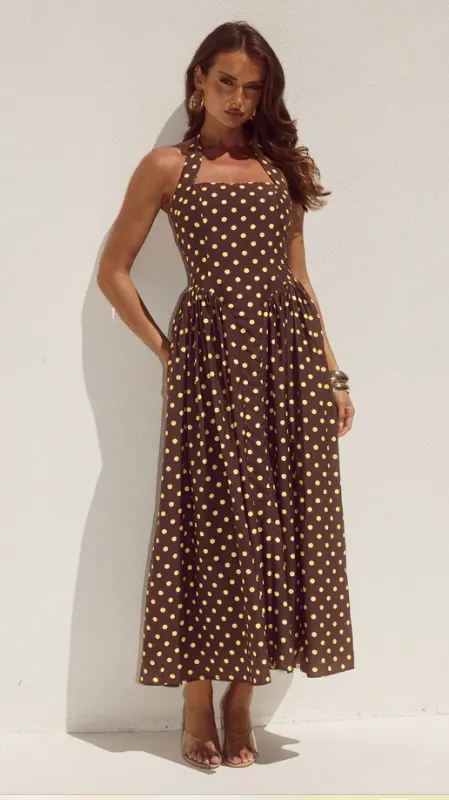Sammi Halter Midi Dress - Choc/Lemon Polka sold by Billy J