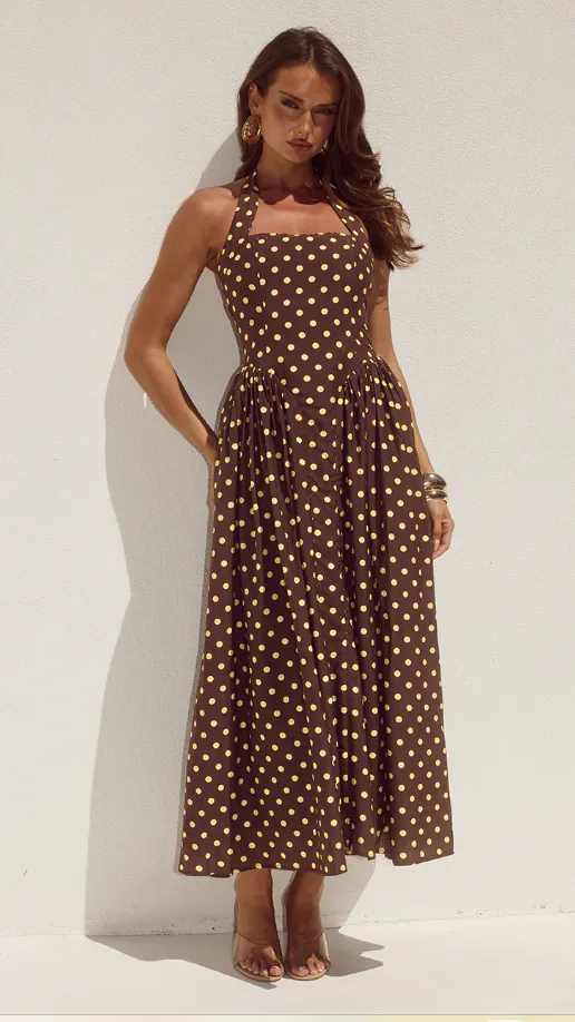 Sammi Halter Midi Dress - Choc/Lemon Polka sold by Billy J