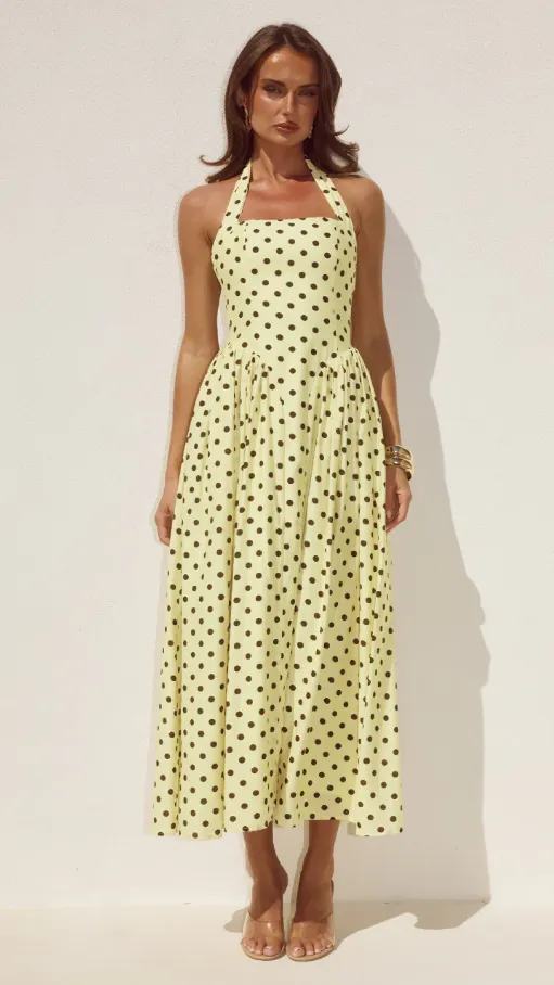 Sammi Halter Midi Dress - Lemon/Choc Polka sold by Billy J