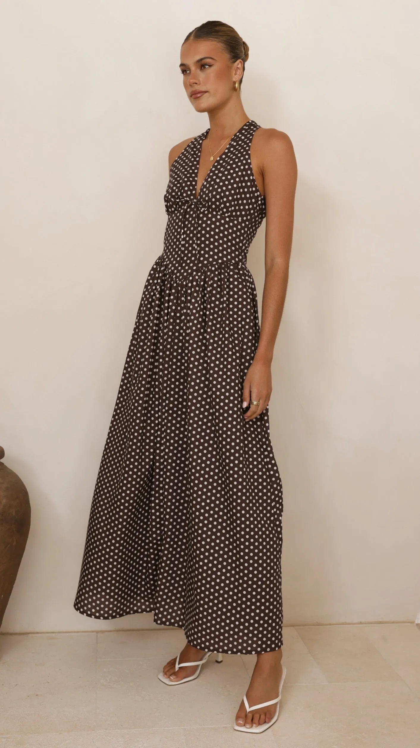 Rachel Tie Back Maxi Dress - Chocolate/White Spot sold by Billy J product image thumbnail 3