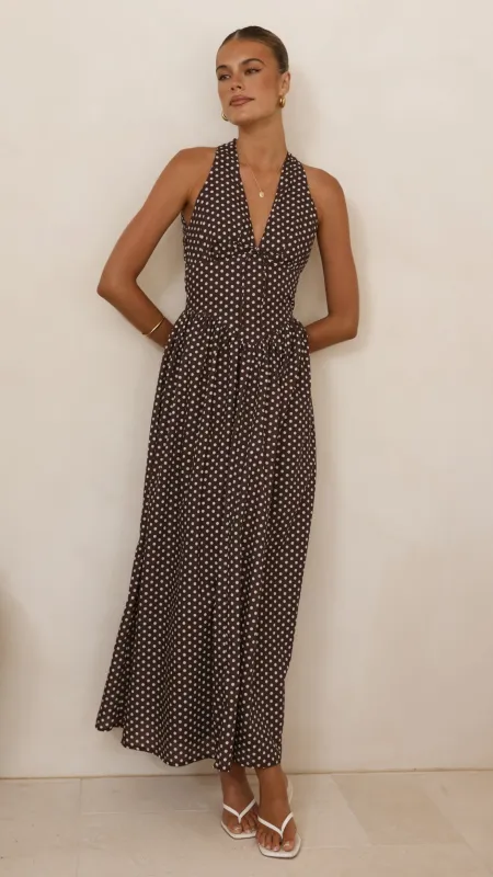 Rachel Tie Back Maxi Dress - Chocolate/White Spot sold by Billy J