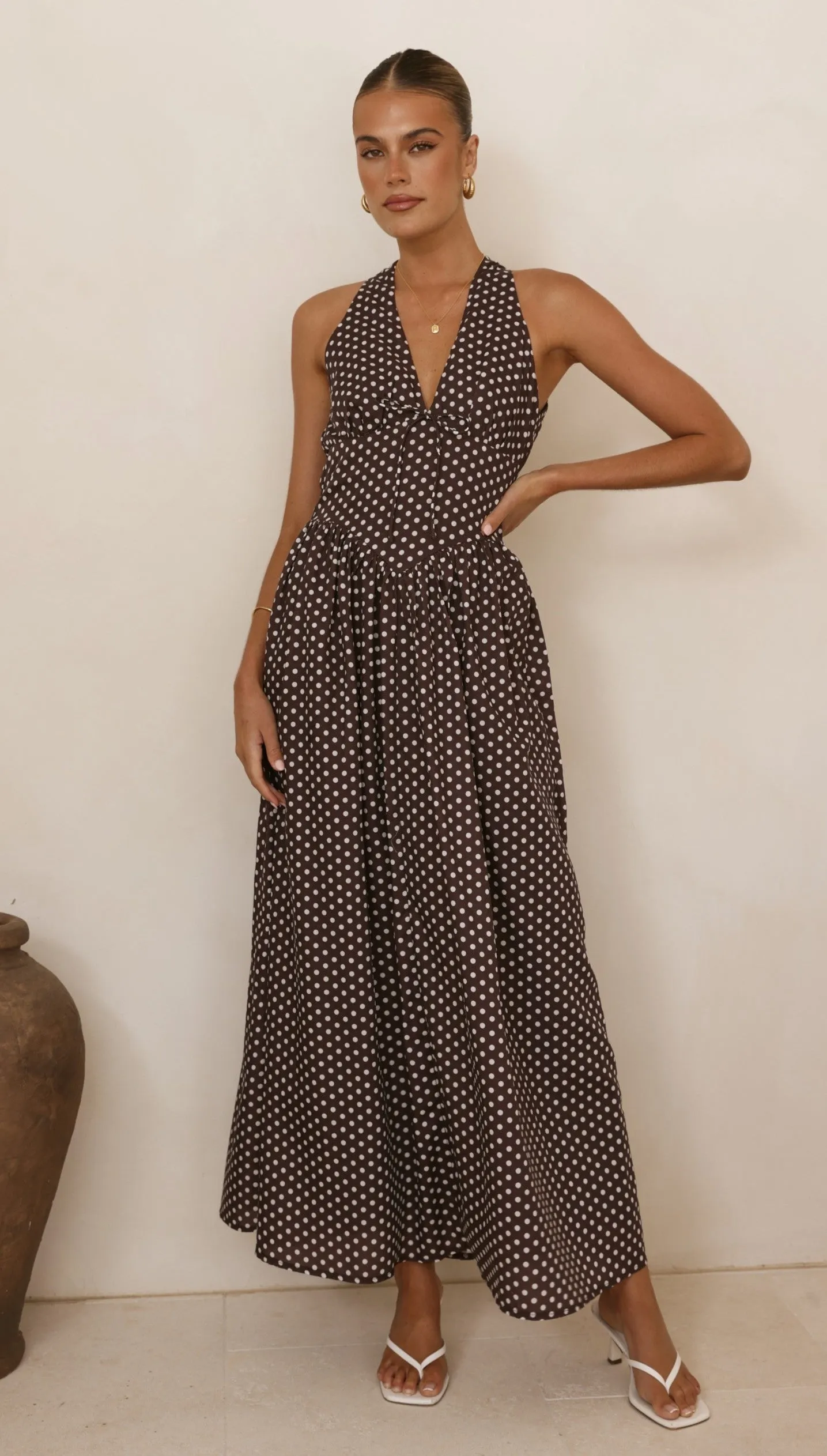 Rachel Tie Back Maxi Dress - Chocolate/White Spot sold by Billy J product image thumbnail 4
