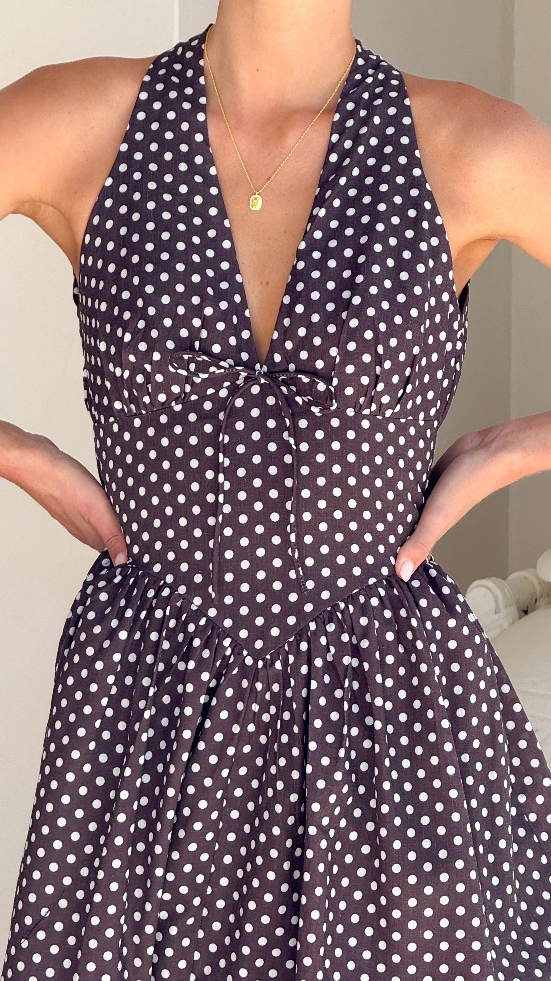 Rachel Tie Back Maxi Dress - Chocolate/White Spot sold by Billy J product image thumbnail 5