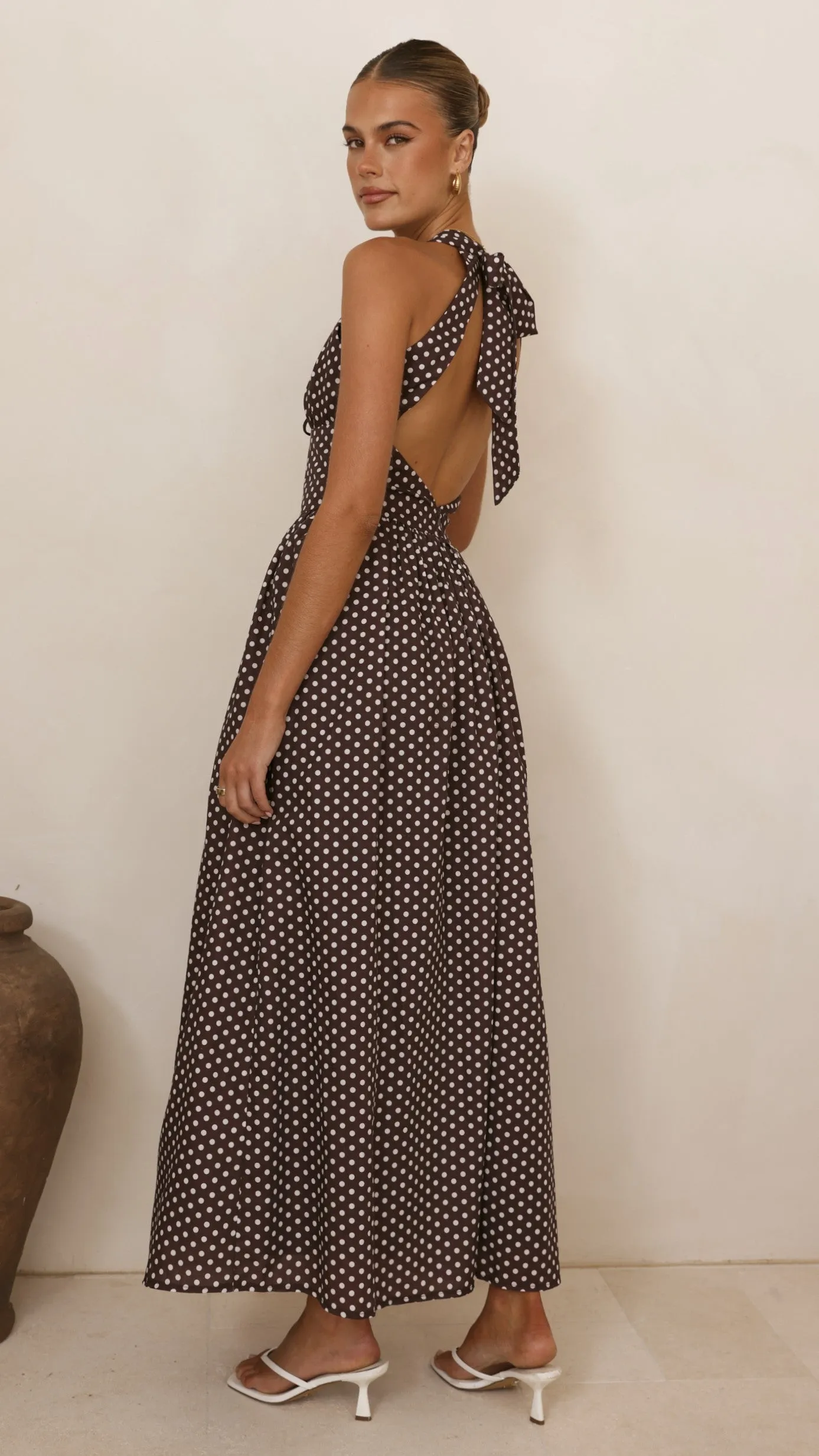 Rachel Tie Back Maxi Dress - Chocolate/White Spot sold by Billy J product image thumbnail 2