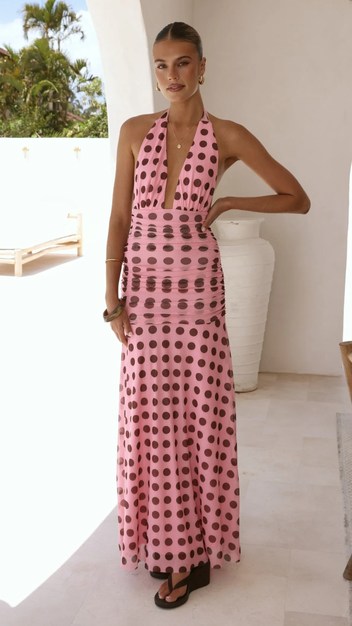 Kya Maxi Dress - Pink / Brown Polka sold by Billy J