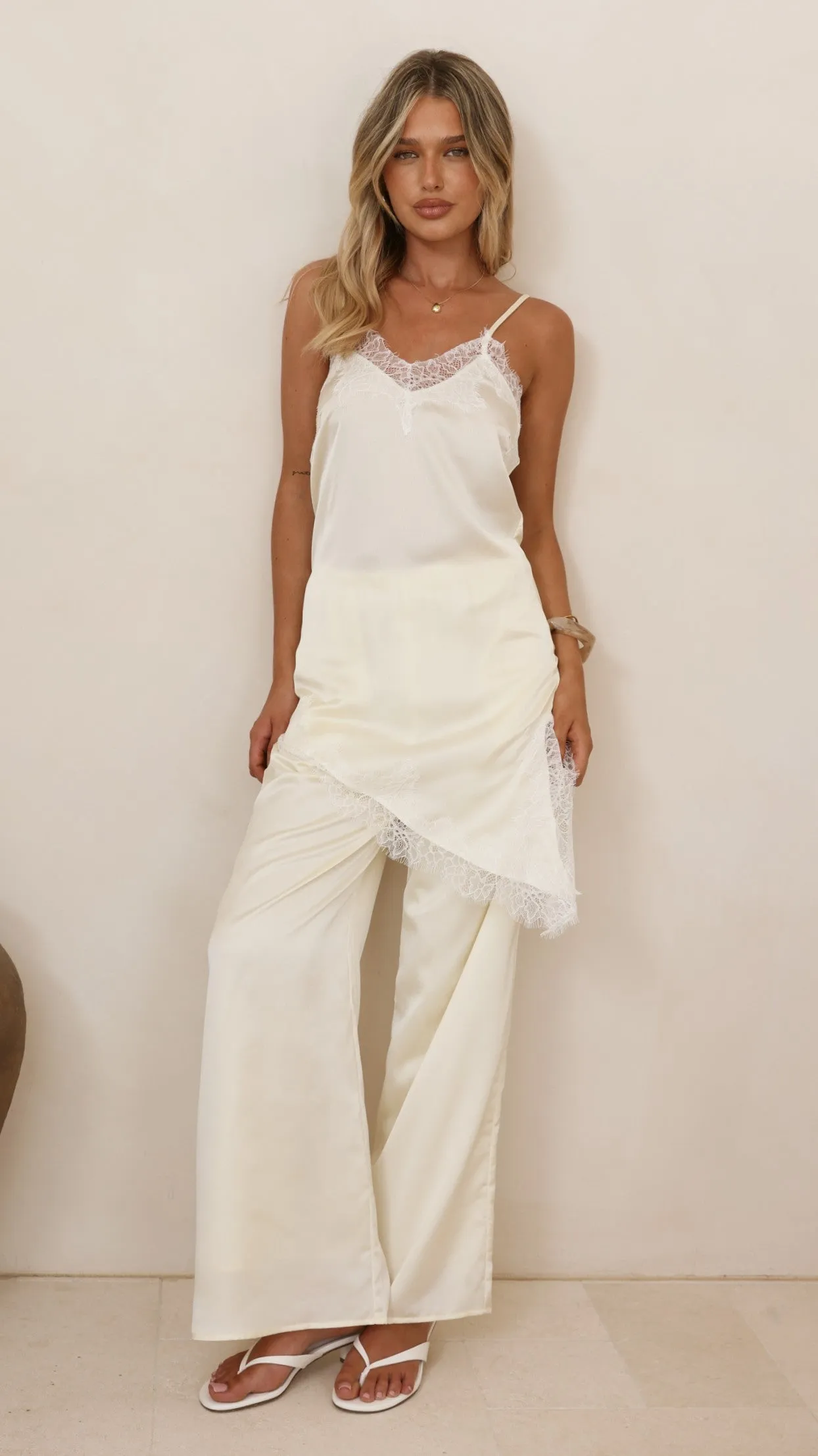 Hayleigh Asymmetrical Top and Pants Set - Cream/Lace sold by Billy J