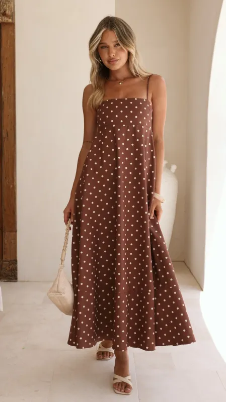 Elie Maxi Dress - Chocolate/Cream Polka Dot sold by Billy J