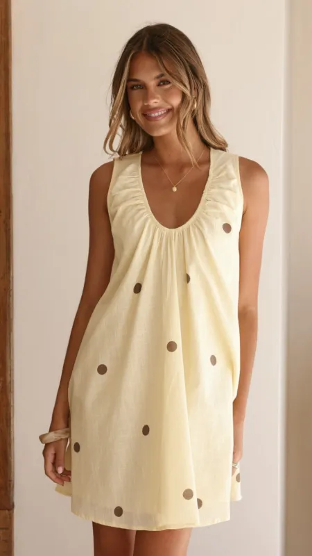 Alaya Mini Dress - Yellow/Chocolate Polka sold by Billy J