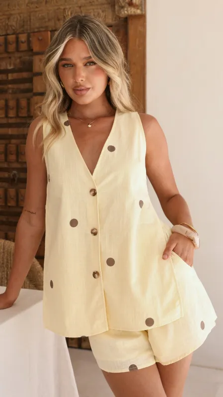 Hayley Vest and Shorts Set - Yellow/Chocolate Polka sold by Billy J