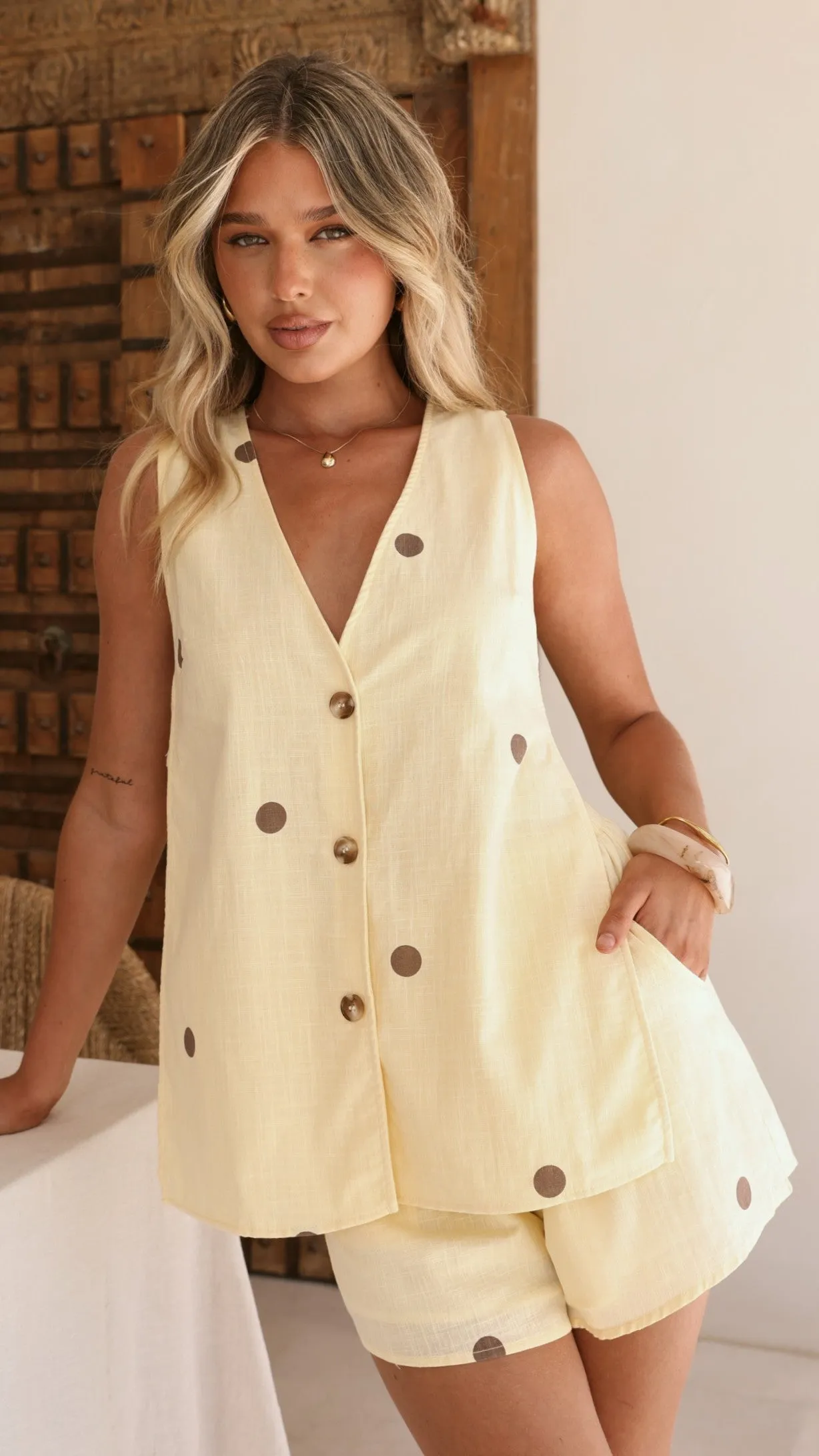 Hayley Vest and Shorts Set - Yellow/Chocolate Polka sold by Billy J