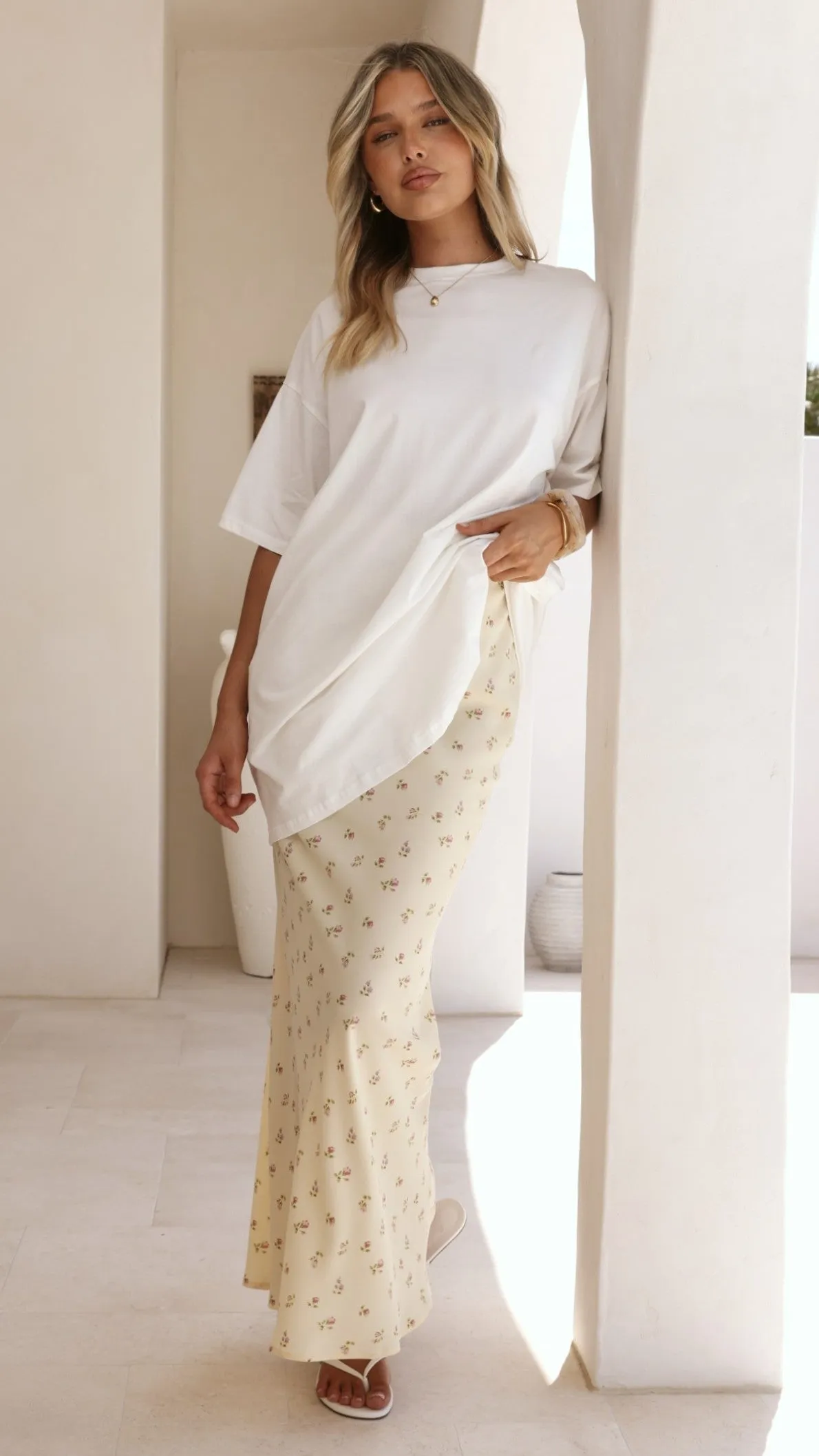 Yumi Oversized Tee and Sheer Skirt Set - White/Yellow Floral sold by Billy J