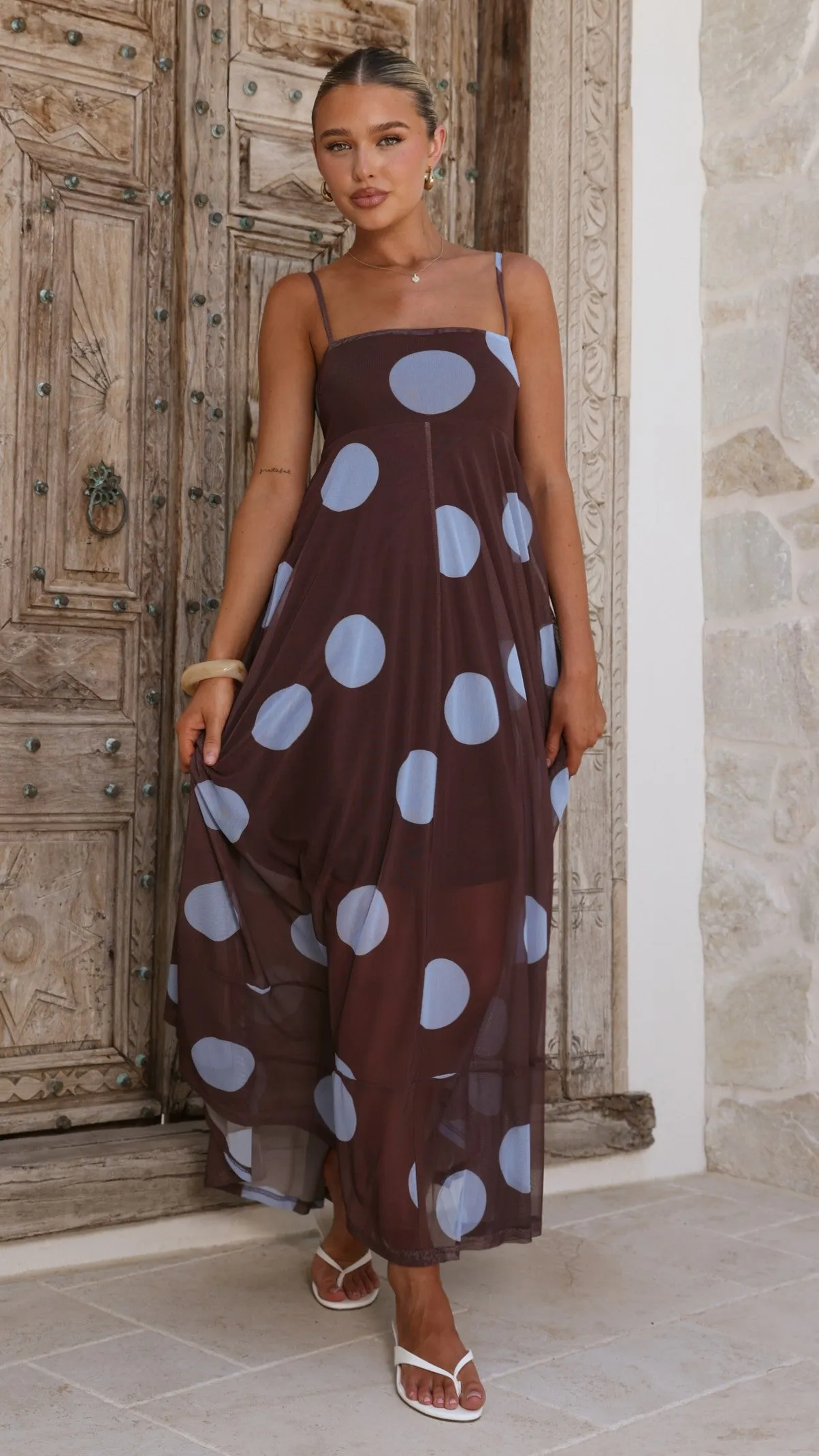 Melinda Mesh Maxi Dress - Brown / Blue Polka Dot sold by Billy J product image thumbnail 5