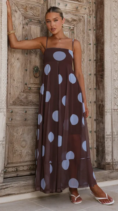 Melinda Mesh Maxi Dress - Brown / Blue Polka Dot sold by Billy J