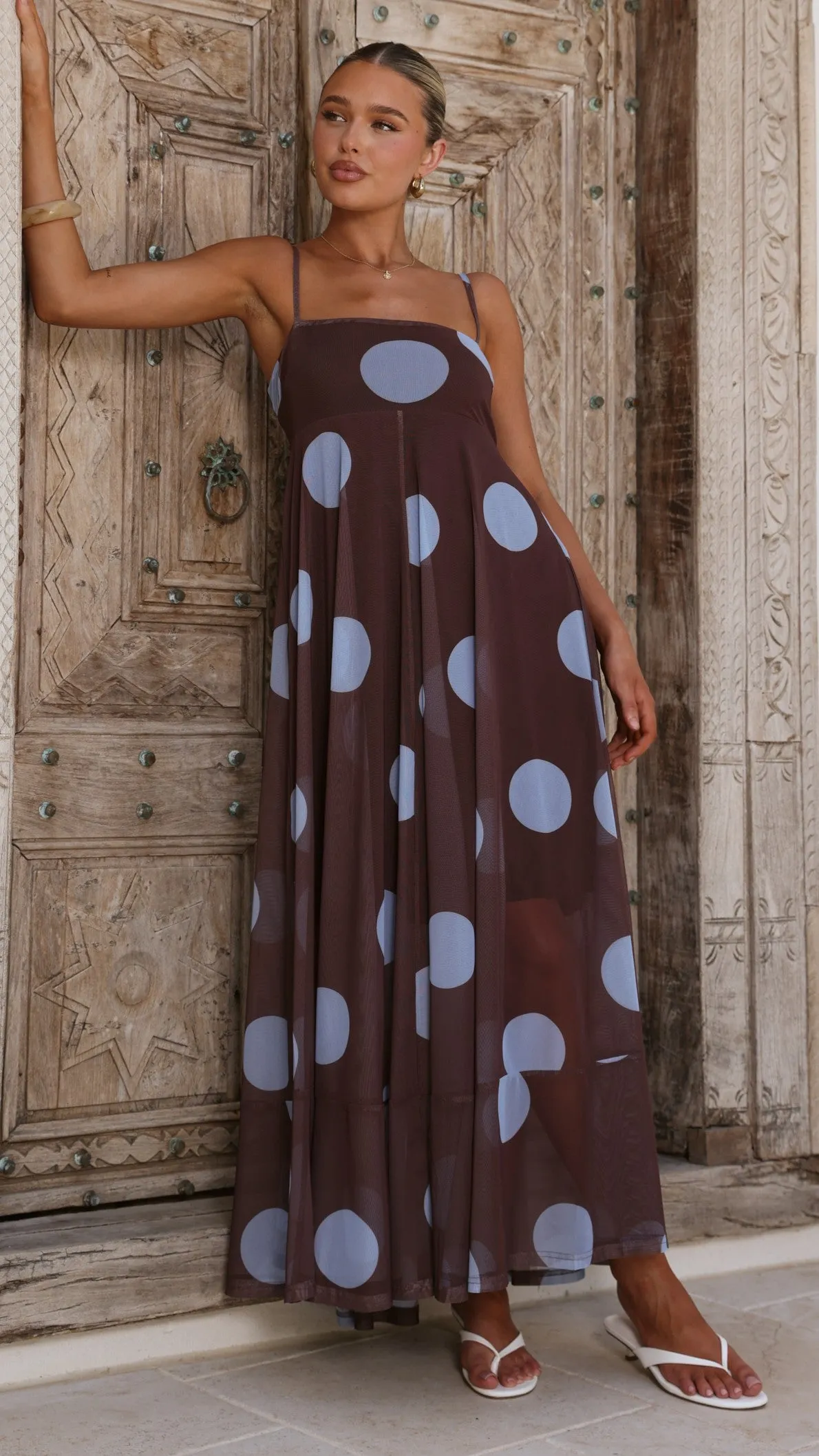 Melinda Mesh Maxi Dress - Brown / Blue Polka Dot sold by Billy J product image thumbnail 3