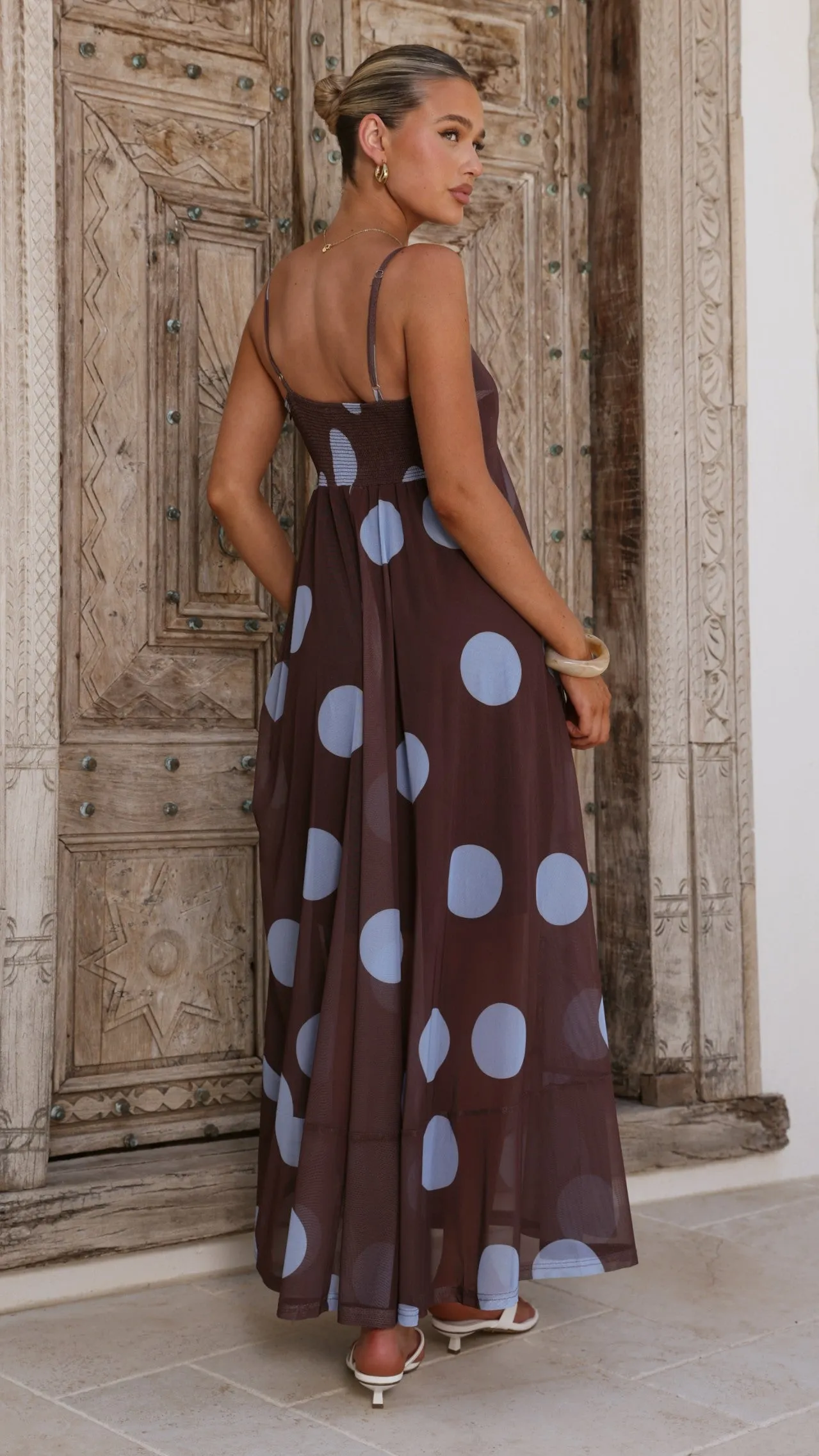 Melinda Mesh Maxi Dress - Brown / Blue Polka Dot sold by Billy J product image thumbnail 2