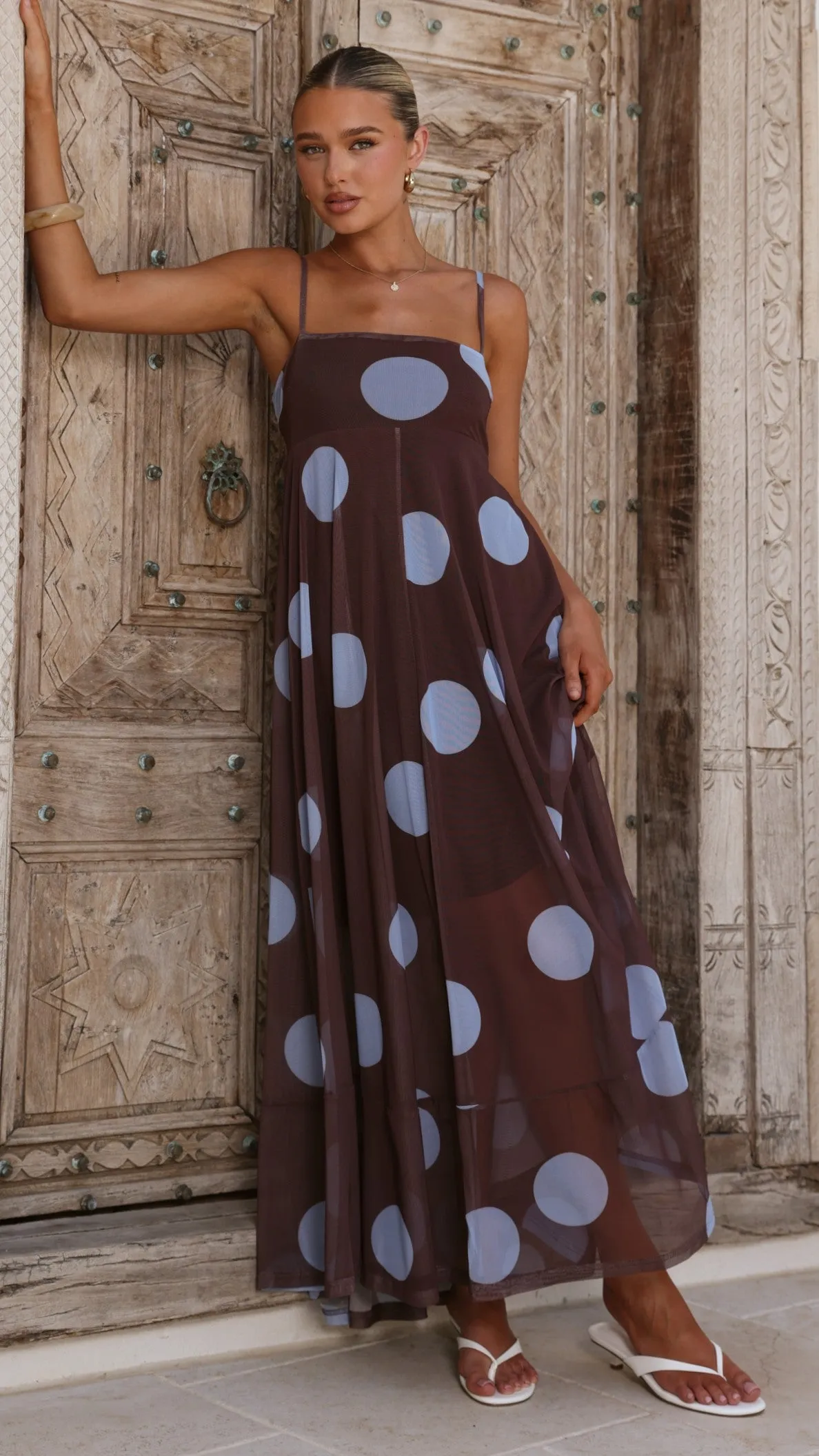 Melinda Mesh Maxi Dress - Brown / Blue Polka Dot sold by Billy J product image thumbnail 4