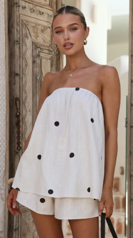 Calliope Strapless Top and Shorts Set - Oat/Black Polka Dot sold by Billy J