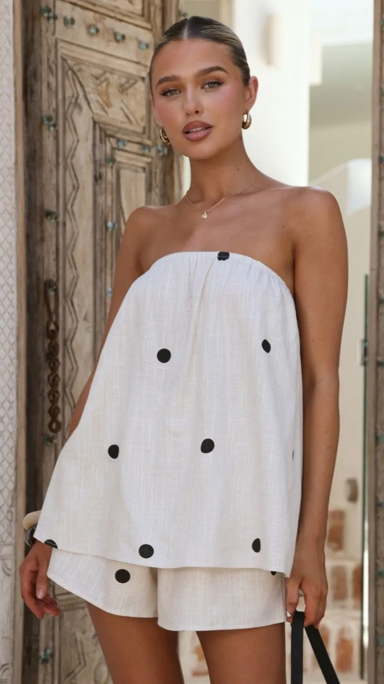 Calliope Strapless Top and Shorts Set - Oat/Black Polka Dot sold by Billy J