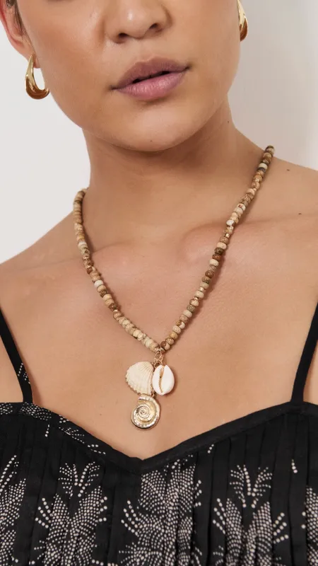 Beaded Cluster Drop Necklace - Camel/White made by Billy J