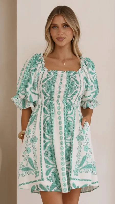 Danica Mini Dress - Green Aztec made by Billy J