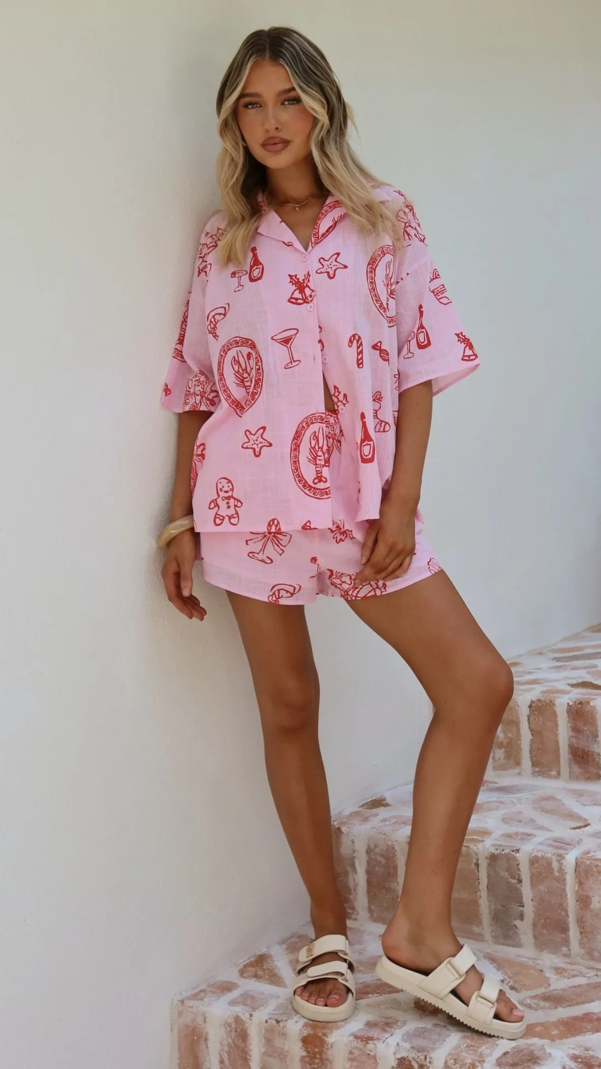 Cinthia Button Up Top and Shorts Set - Pink Festive Print sold by Billy J product image thumbnail 4