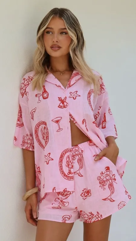Cinthia Button Up Top and Shorts Set - Pink Festive Print made by Billy J