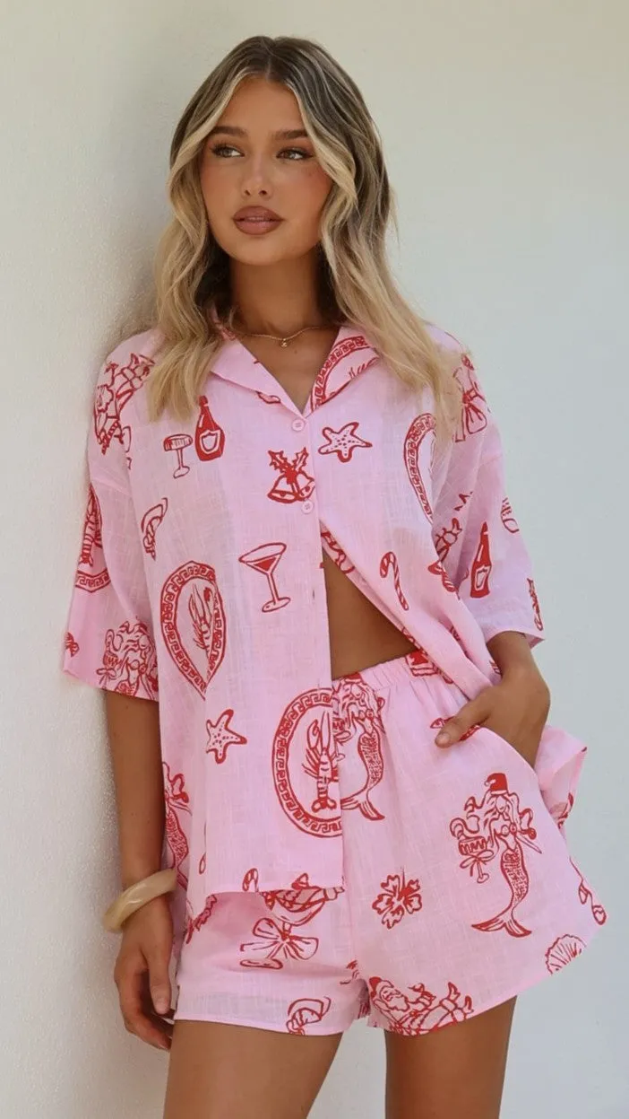Cinthia Button Up Top and Shorts Set - Pink Festive Print sold by Billy J