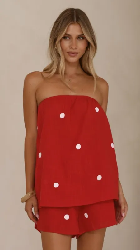 Calliope Strapless Top and Shorts Set - Red/White Polka Dot sold by Billy J