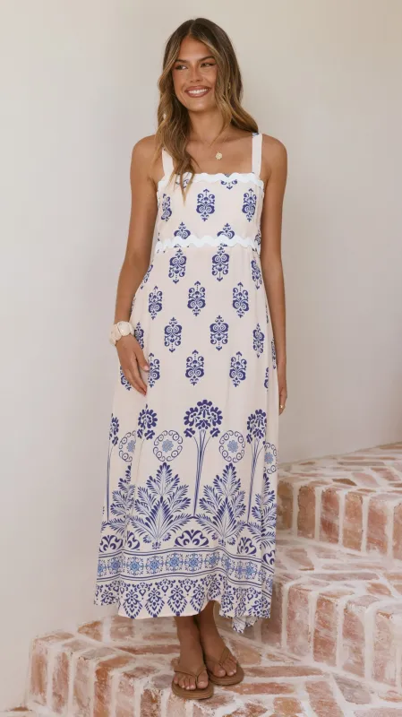 Myah Maxi Dress - Cream/Blue sold by Billy J
