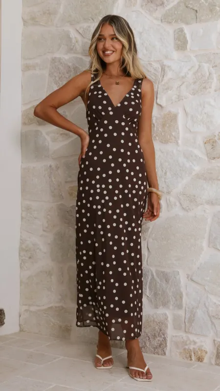 Cassara Maxi Dress - Chocolate / White Polka Dot sold by Billy J